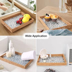 Rectangle Rattan Tray with Mother of Pearl Inlay, Rattan Serving Tray with Handle for Coffee, Bread, Fruits, Snacks, Decorative Wicker Tray for Table Decor (Rectangle Light Blue Leaf, 13"×9") - Image 4