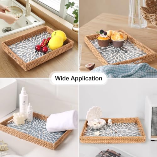 Rectangle Rattan Tray with Mother of Pearl Inlay, Rattan Serving Tray with Handle for Coffee, Bread, Fruits, Snacks, Decorative Wicker Tray for Table Decor (Rectangle Light Blue Leaf, 13"×9") - Image 4
