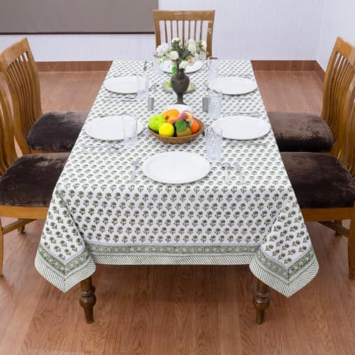 Home Spun & Crafts 90x90 Inches Square Hand Block Print Tablecloth, 100% Cotton, Green White Floral Table Cloths Washable, Traditional Indian for Dining Outdoor Thanksgiving Halloween Christmas - Image 3