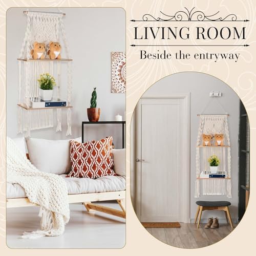 Barydat 2 Pack Macrame Wall Hanging Shelf 2 Tier Handmade Boho Hanging Wall Shelf Floating Woven Rope Decorative Storage Racks Holder Organizer for Home Bedroom Bathroom Plants, Beige (Elegant) - Image 5