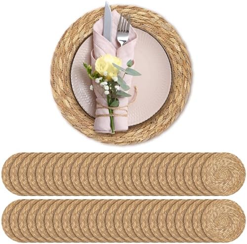 Aneco 48 Pack 12-Inch Round Woven Placemats Natural Hand-Woven Boho Rattan Wicker Bulrush Placemat Farmhouse Rustic Braided Table Mats for Dining & Kitchen Decor by Aneco