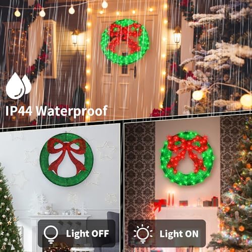36 Inch Pre-lit Outdoor Christmas Wreath with Bow, Red Bow - Green Wreath - Image 7