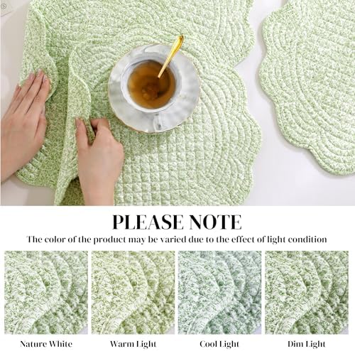HOMBYS Quilted Placemats Set of 6 Washable Round Placemats for Kitchen Table-100% Cotton Fabric 14 Inch Round Table Mats, Cotton Fabric with Microfiber Filling, (14"x14", White & Green Flower) - Image 3