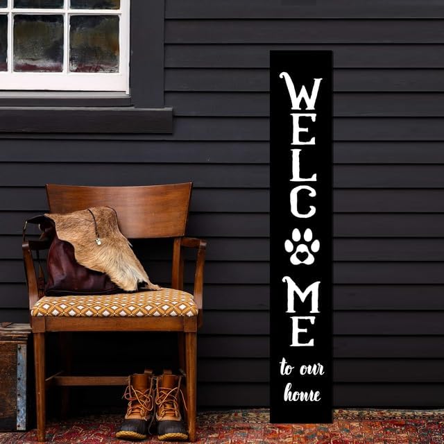 Welcome To Our Home Sign For Front Porch Standing Large Rustic Farmhouse Outdoor Tall Wood Framed Vertical Paw Print Welcome Signs Modern Outside Front Door Wall Decor - Image 3