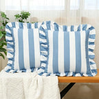 vctops Ruffle Square Throw Pillow Covers Boho Pink and Red Striped Decorative Pillowcases Set of 2, Soft Velvet Accent Cushion Cover Cases for Sofa Bed Living Room Decor (Blue White,18"x18") by vctops