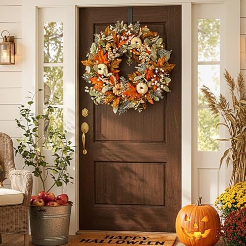 Pre-lit Wreaths for Front Door - 24" Thanksgiving Fall Decor - Image 2