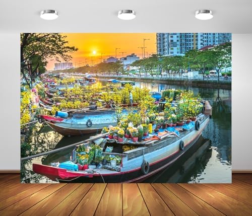 12x8ft Fabric Vietnam Flower Market Backdrop Ho Chi Minh City Canal Flowers Boats Sunset Scenery Background Vietnam Lunar New Year Party Decorations Photo Studio Props - Image 2