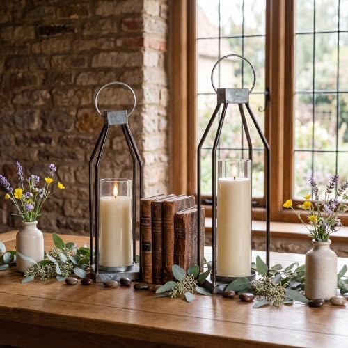 Gerrii 2 Pcs 15"&16.5" Farmhouse Rustic Lanterns Decorative with LED Candle Set Galvanized Metal, Handcrafted Candle Holders, Outdoor Indoor Porch Fireplace Mantel Table Festive Gatherings Decor - Image 4