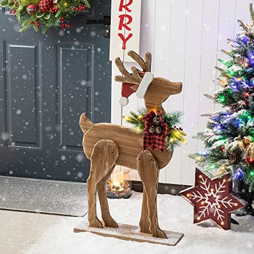 Glitzhome 36" H Lighted Wooden Christmas Chunky Reindeer Porch Sign Standing Deer Porch Decor Rustic Merry Christmas Welcome Sign Holiday Party Outdoor Indoor Xmas Decorations - Image 7