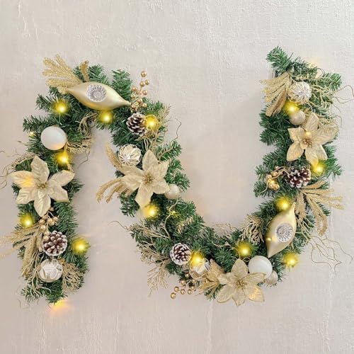 WANNA-CUL Pre-Lit 6 Feet/72 Inch Christmas Garland for Front Door with Lights Champagne Gold Christmas Mantel Garland Decoration with Ball Ornaments, Poinsettia Flowers,Ribbon,Battery Operated 30 LED by WANNA-CUL
