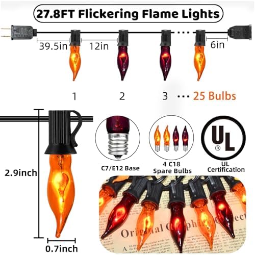 27.8Ft Orange and Purple Halloween Lights Flame String Lights, Spooky Flicker Flame Lights String with 25 + 4 Orange Purple C18 Bulbs, for Halloween Home Fireplace Yard Party Indoor Outdoor Decor - Image 2