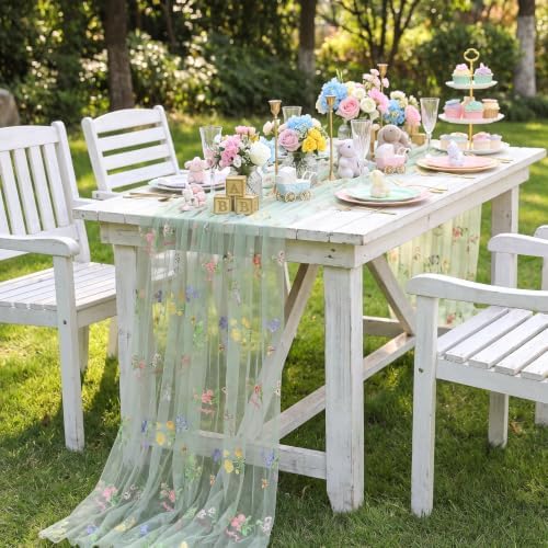 QueenDream Sage Green Wildflower Floral Table Runner 3 Pcs 10FT Gauze Embroidery Table Runners for Home Wedding Baby Shower Birthday Party Decorations - Image 2