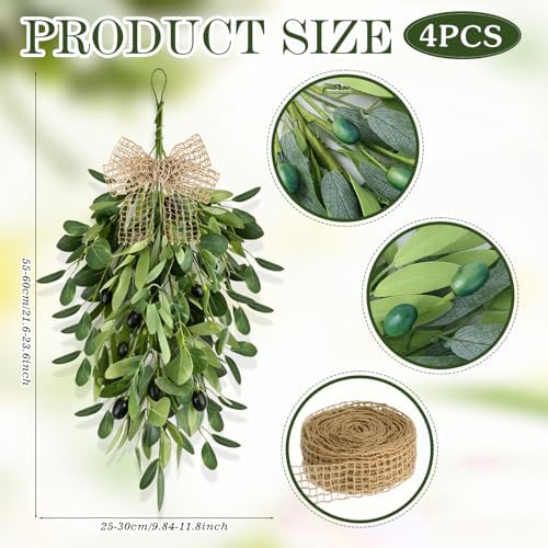 22" Spring Wreaths for Front Door 4 PCS Olive Teardrop Swag Summer Wreathswith Olive Leaf Fruit, Home Decoration for Outdoor Living Room Indoor Wall and Outside Summer All Season Wedding - Image 3