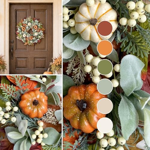 Fall Wreath for Front Door, 20'' Autumn Pumpkin Wreath with Cream Berries, Greenery, Lamb Ear & Maple Leaves, Thanksgiving Harvest Fall Decorations for Home Porch Wall Window Indoor Outdoor - Image 2