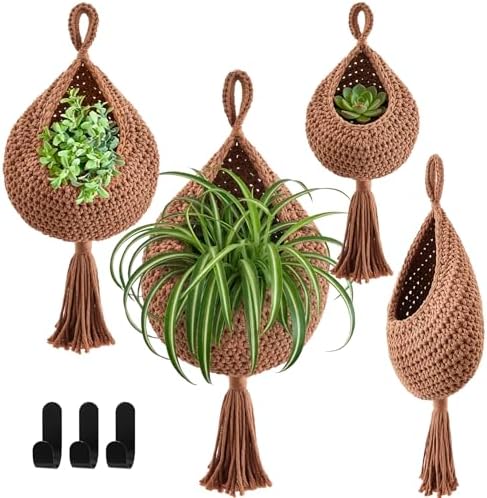 Honeydak 3 Hanging Baskets, White, Tassel, Cotton Rope by Honeydak