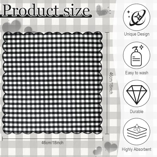 SmoothNovelty 12 Pack Buffalo Plaid Cloth Napkins 18x18 Inch Checkered Cloth Napkins Scalloped Soft Cotton Table Mat Washable Reusable for Dinner Wedding Holiday Birthday Parties (Classic,Black) - Image 2