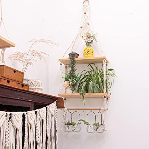 TENEWEE Boho Macrame Hanging Wall Shelf for Plant & Books Display 2-Tier - Image 4