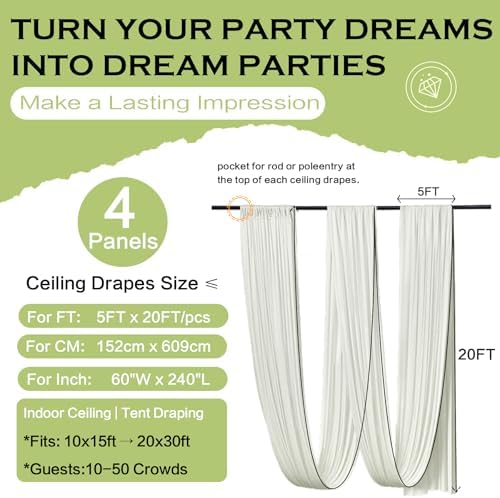 4 Panels 5ft(W) x 20ft(H) Ivory Ceiling Drapes for Wedding Parties - Image 6