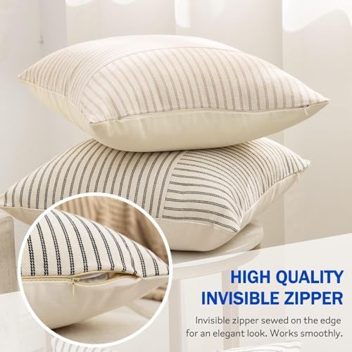 YCOLL Farmhouse Euro Sham Pillow Covers 26x26, Modern Throw Pillow Covers Set of 2, Gray and Beige Striped Patchwork Linen Decorative Pillows Cushion Covers for Bed Sofa Couch Living Room Home Decor - Image 4