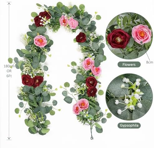TOCHGREEN 4 Pack Artificial Eucalyptus Flower Garland with Red Pink Roses - Image 3