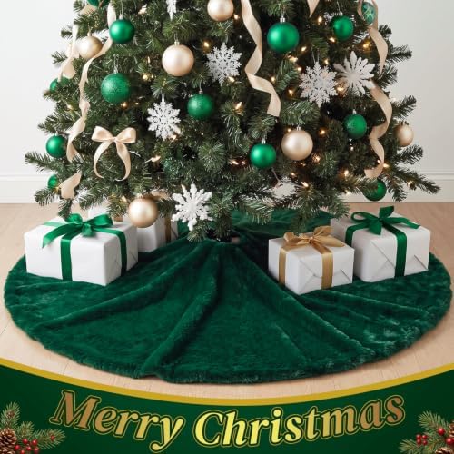 Viorawhite Emerald Green Christmas Tree Skirt, 60 Inch Large Faux Fur - Image 2