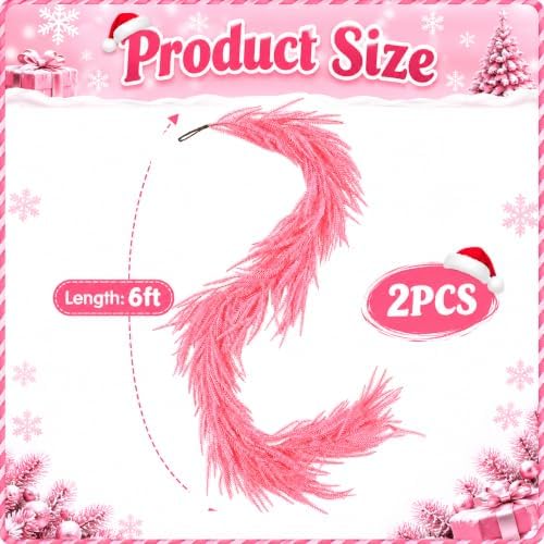 2Pcs Pink Christmas Norfolk Pine Garland,6Ft Artificial Pine Garlands Decor - Image 2