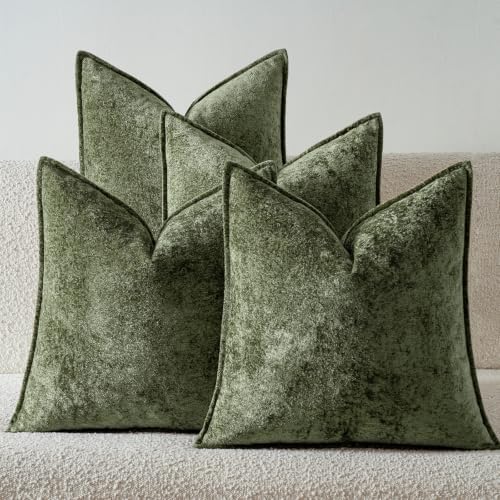 a moment Throw Pillow Covers 26X26 Inch 4 Packs,Soft Velvet Decorative Pillow Cases with 3D Ice Flower,Texture Modern Accent Cushion Covers for Sofa Couch Home Decor Moss Green by amoment