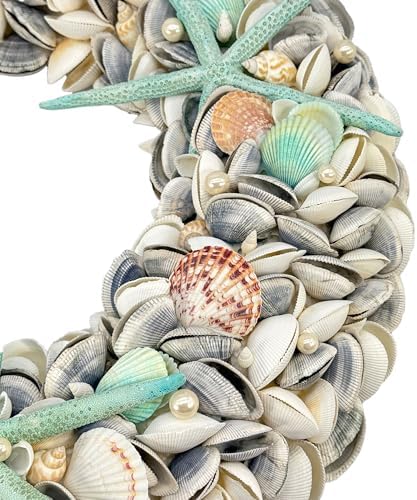 Natural Seashell Wreath w/Shells, Starfish, Pearls, Sea Snails - Spring & Summer Coastal Decor Beach House Indoor Door Wreath, 23in Blue/Aqua - Image 3