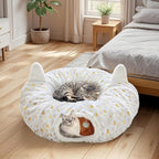 Cat Tunnel Christmas Tree Skirt, Cat Tunnel Bed with Hanging Toy Ball, Foldable Plush Cats Cave Donut Tunnel Christmas Decorations, Kitty Tunnel for Indoor Kitten Rabbit Puppy, White Gilded - Image 2
