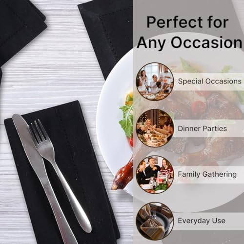 LFH Home Hemstitched Cloth Dinner Napkins 18x18 Inch Set of 12 - Reusable 100% Cotton Machine Washable Cocktail Napkins with Metered Corners for Daily, Party, Wedding, Bar Use - Black - Image 5