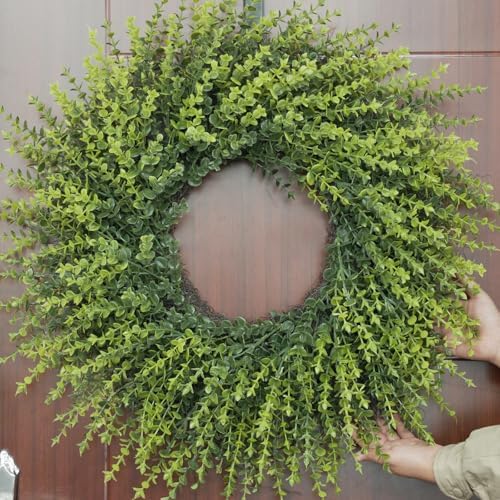 HUZIYAHAN 28In Large Boxwoods Door Wreaths for Front Door Spring Summer Outside All Season Green Year Round Artificial Greenery Wreath for Wall Window Rustic Farmhouse Home Outdoor Indoor Decorations by HUZIYAHAN