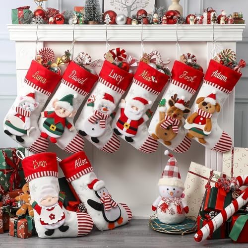 Personalized Christmas Stockings with Embroidered Name & Monogram,Custom 3D Xmas Character Stocking 4 Pack 18” Large,Santa,Snowman & Reindeer Fireplace Hanging Red Burlap Plaid Stockings(A) by Infiher