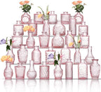 Glass Bud Vases Set of 32 - Pink Assorted Small Mini Glass Vases for Flowers, Crystal Vintage Vase Set, Bulk Centerpieces for Table Décor, Wedding, Home and Events (Pink, 32 Pcs) by Unknown
