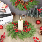 6 Pack Small Christmas Wreath Candle Rings Artificial Pine Branches with Pinecones Red Berries Fake Foliage Pine Needles Picks Candle Rings Holder for Table Centerpiece Home Door Window Chair Wall - Image 2