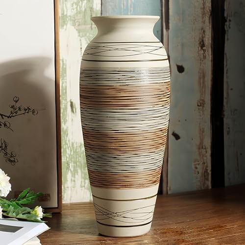 12.6" Tall Vintage Ceramic Rustic Farmhouse Vase (Half Stripe Brown) by WelcomeToHUBUISHHome