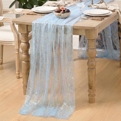 Artoid Mode 3PC Gold Gauze Light Blue Table Runner 120 Inch 10FT, Glitter Metallic Foil Sheer Dining Wedding Anniversary Holiday Birthday Table Decor for Home Party - Image 5