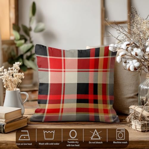 Batmerry Red Blue Abstract Plaid Throw Pillow Covers, Tartan Plaids Traditional Beige Decorative Pillow Covers Digital Printing Blended for Couch Sofa Bed Invisible Zipper 24X24 in(Set of 2) - Image 3