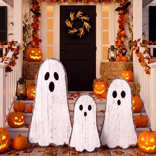 Vercraft 3 Pcs Halloween Outdoor Decorations Ghost Wooden Porch Signs Halloween Yard Decor Welcome Front Door Standing Sign Farmhouse Standing Block for Home Outdoor Display, 15.7, 19.7, 23.6'' - Image 2