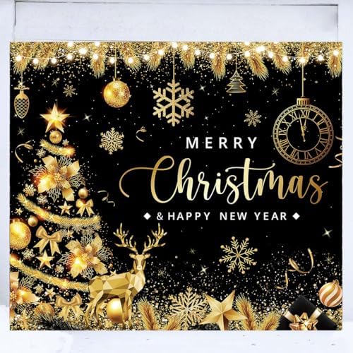 Black Gold Garage Door Christmas Cover Decorations: Xmas Tree Garage Door Cover Banner 7x8ft, Merry Christmas and Happy New Year Party Backdrop for Photography Large Christmas Background by RTMISA