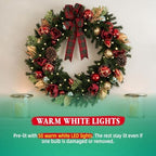 Hykolity 28 Inch Pre-Lit Magnolia Christmas Wreath with 50 Warm White LEDs and Timer, Battery Operated Artificial PE & PVC Wreath with Burgundy Flowers, Ornaments and Plaid Bow for Front Door - Image 5