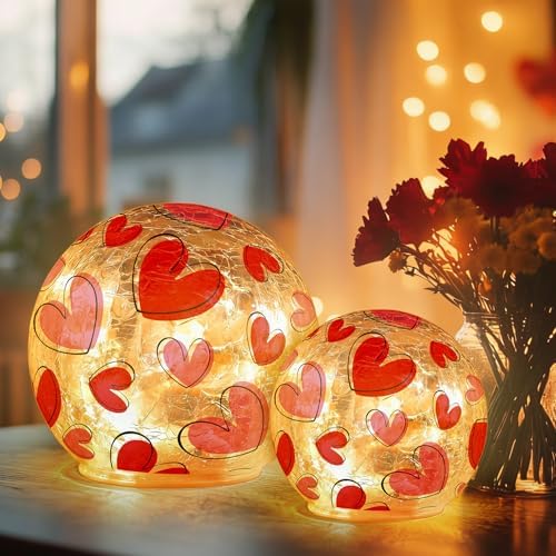 Whaline Valentine's Day Lighted Decorative Glass Ball Crackle Glass Globe Pink Red Love Heart Battery Operated Decoration for Party Home Table Mantel Fireplace, Set of 2 - Image 4