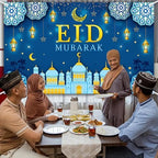 AIBIIN Eid Mubarak Backdrop Banner Blue Gold Themed Party Decorations for Eid Mubarak Ramadan Party Supplies Banner Photo Booth Prop 94.48 x 70.8 Inch - Image 5