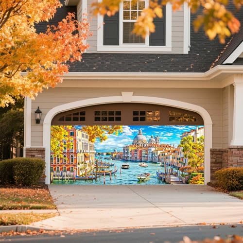 8X7Ft Venice Italy Garage Door Cover Banner Decorations Gondolas Canal in Venice Italy Photo Backdrop Garage Door Large Wall Decorations for Outdoor Home Yard Decor Party Photo Backgrounds by JAWO