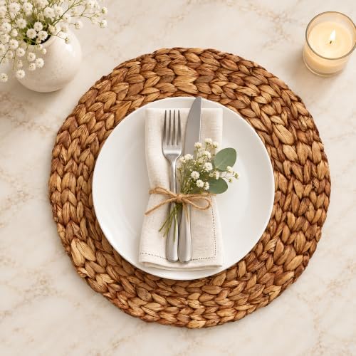 Brown Woven Placemats Round Set of 6, Natural Water Hyacinth Placemats for Dining Table, for Kitchen, Home Decor, Heat Resistant Non-Slip (14") - Image 4