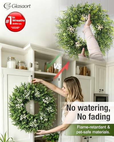 2Pack 20'' Boxwood Wreath for Front Door Artificial Eucalyptus Wreath - Image 3