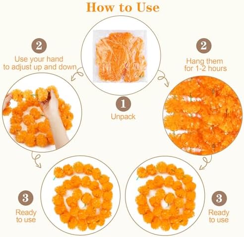 Fovths 15 Pieces 5 Feet Long Marigold Garland Bulk Light Orange Indian American Wedding Party Mantel Decoration Long Strands Artificial Dia De Los Muertos Decor for Pooja, Altar Faux Garland, Diwali - Image 3