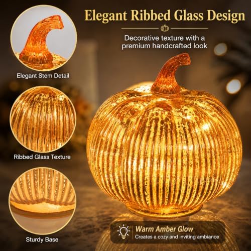 Gold Mercury Glass Pumpkin Light with 2 Lighting Modes and 6-Hour Timer, 5.5 x 6 Inch Battery Operated Fall Decor for Thanksgiving and Christmas Table Centerpiece - Image 6