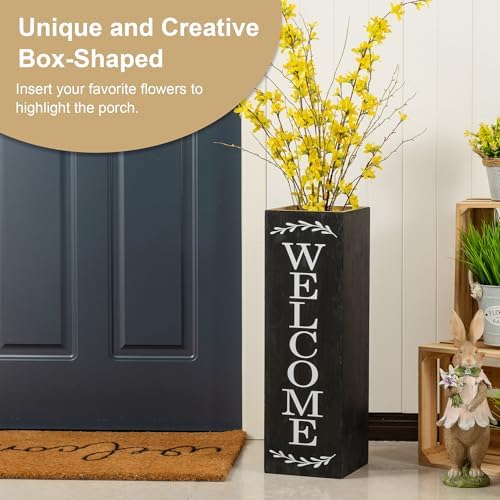 Glitzhome 24"H Wooden Welcome Sign, Rustic Farmhouse Double-Sided Box-Shaped "WELCOME PORCH" Sign, Outdoor Front Door and Courtyard Decoration（Black） - Image 3