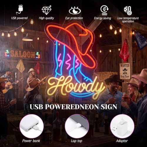 Zhengmy Howdy Neon Sign, USB Powered Cowboy Boot LED Wall Decor - Image 4