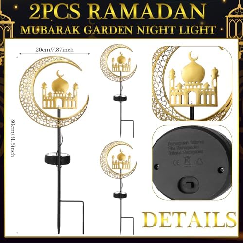 Tujoe 2 Pcs Eid Mubarak Solar Lights Eid Al Adha Outdoor Decorations Mubarak Star Moon Lights Solar Stakes Waterproof for Outdoor Decorations Garden Walkway Lawn Patio Yard(Muslim) - Image 2
